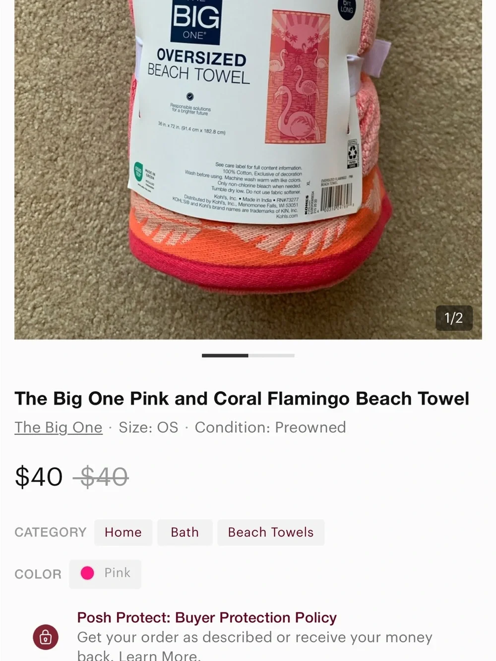 The Big One Pink and Orange Oversized Beach Towel NEW NEW NEW